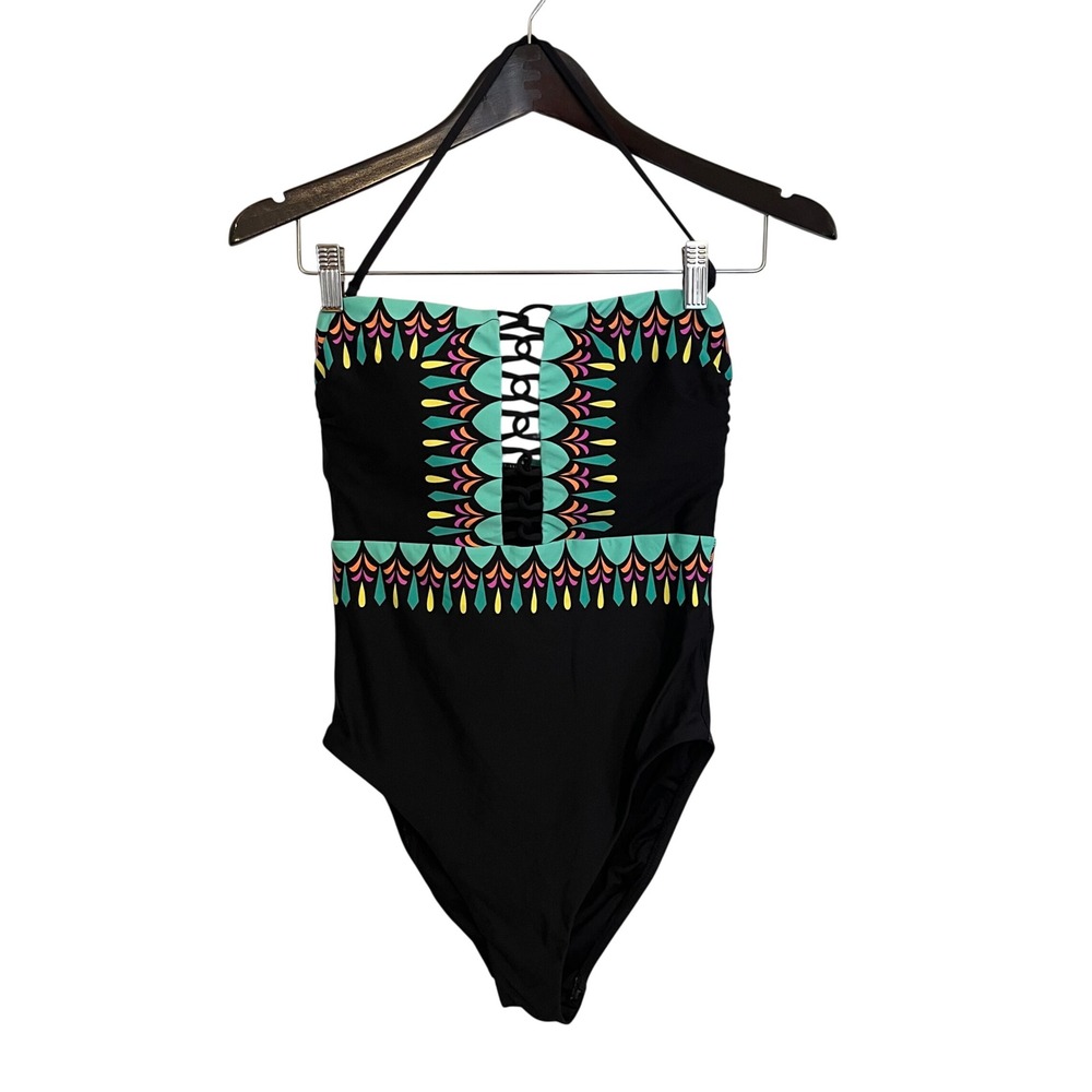 Trina Turk Black Lace Up Halter One Piece Swimsuit Geometric Print Size 10